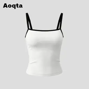 Aoqta yoga Y2K Sexy Stretch Workout Tank Women Square Neck Halter Tops Black and White Contrast Trim Breathable for Gym Streetwear Daily