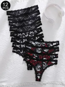 1/3/6/12 Pcs Cheeky Style Sexy Lace Cutout Gothic Trim Bikini Thongs, Slim-Fitting Drop Waist, All Seasons, Contrast Lace Design, Print, Underwear