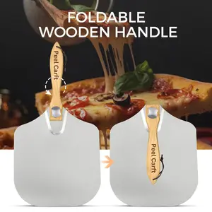 Peel Craft, Mooues 12 inch Metal Pizza Paddle(12"x 14")with Rocker Cutter Foldable Wood Handle, [Storage bag included], for Family Pizza Oven Baking Pizza, Dough, Bread & Pastry