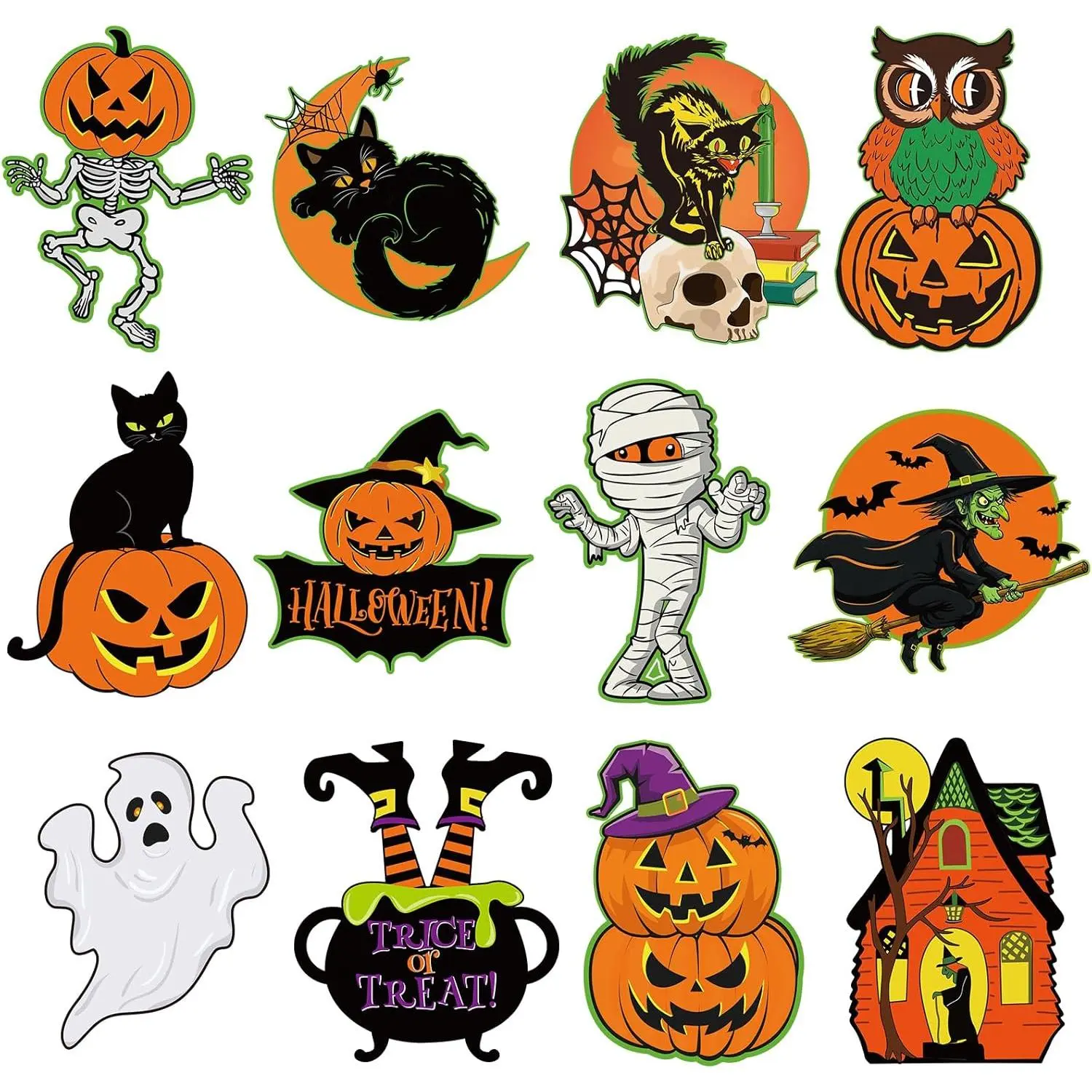 Halloween 12-Piece Large Retro Spooky Ghost & Owl Cardboard Cutout Multi-Pack, 11x12 In Durable Craft Paper Wall Decor with Lamination, Orange-Green-Black Modern Indoor-Outdoor Home Party Supplies