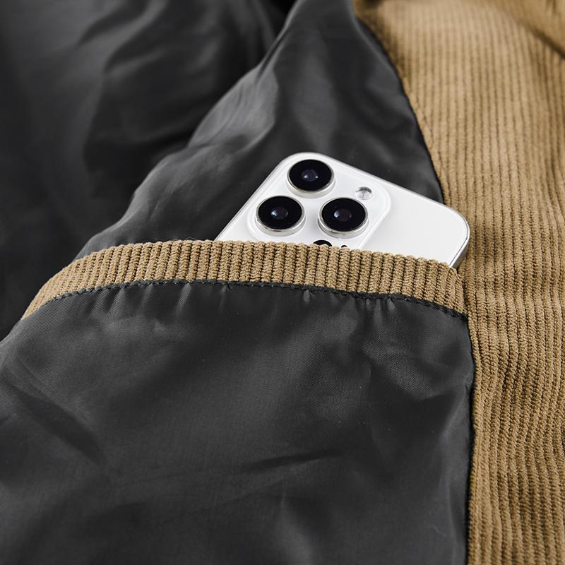 New autumn/winter loose thick corduroy jacket, windproof and cold-resistant bread jacket; retro color-block hooded windproof and cold-resistant warm jacket; men’s autumn/winter thick corduroy temperature-lock hooded casual jacket; casual warm hooded jacke