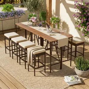 Aobtkel®GO 10-Piece Outdoor Acacia Wood Bar Height Table And Eight Stools With Cushions, Garden PE Rattan Wicker Dining Table, Foldable Tabletop, High-Dining Bistro Set, All-Weather Patio Furniture, Brown    RR#Summervibes