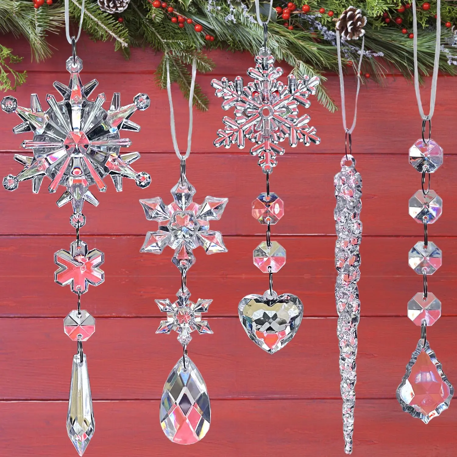 Classic 21-Count Synthetic Christmas Snowflake Icicle Ornaments Set, Hangable Shine Enhancing Drop Pendants, Crafted from High-Quality Hanging Tree Decor for Winter Wonderland Holiday Party Supplies, Home Decor