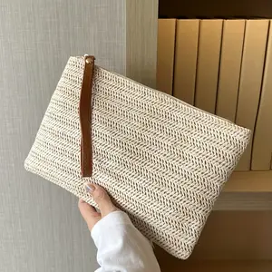 BeadBreath Straw Woven Clutch Bag, Braided Zipper Handbag, Trendy Summer Purse for Phone, Keys & Coins