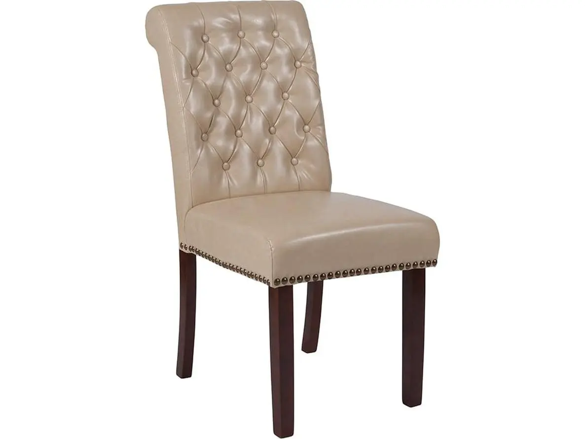 Flash Furniture BT-P-BG-LEA-GG Hercules Series Beige Leather Parsons Chair with Rolled Back, Nail Head Trim & Walnut Finish