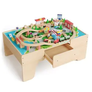 Gaomon 84-Piece Solid Wood Train Table for Toddlers, Multipurpose Activity Playset with Reversible Top, Built-In Storage Drawers, Train Tracks, City Theme Pretend Play Toys, Natural Finish