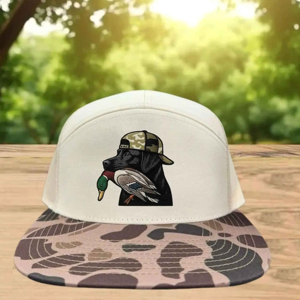 Black Lab Mallard Duck Embroidered Patch Camo Hat | Outdoor Waterfowl Hunting Snapback Cap
