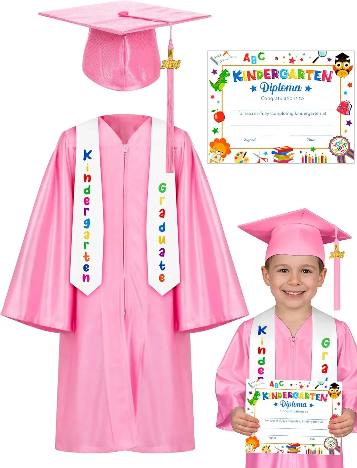 Kindergarten Graduation Cap and Gown Set,2026 Congrats Grad Outfit with Tassel&Certificate for Kindergarten,Satin Kindergarten Graduation Outfit for Son Daughter Nephew Pre-K Preschool Kindergarten 1st Grade Grad Gift Memories Keepsakes,Multiple colors