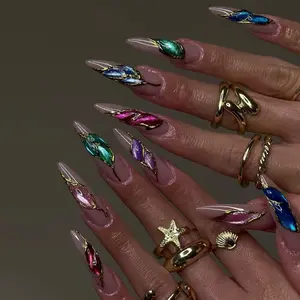 Iridescent Gemstone Chrome Press On Nails | Multi-Color Metallic Marble | Gold Foil Outlined Nail Art | Luxury Jewel Press Ons