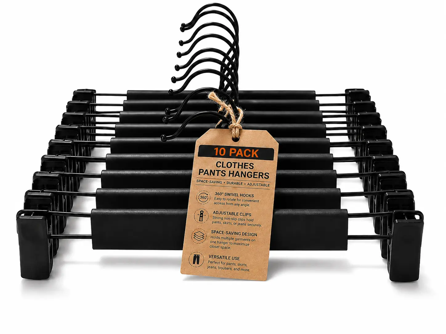 10-Pack Plastic Clothing Hangers for Wardrobe Clothing Storage, Smooth Space-Saving Organizers with 360° Rotatable Hooks, Adjustable Clips for Pants, Skirts, Coats