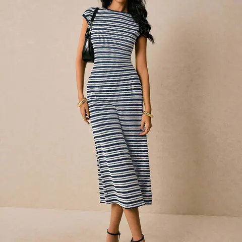 Elegant Women's Summer Dress, Casual Comfy Chic Office Wear, Striped Knit Jacquard Fabric, Waist Cinch Round Neck Short Sleeve Long Dress