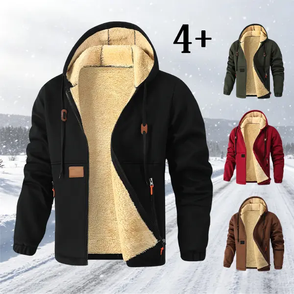 Men's Winter Fleece-Lined Hooded Jacket - Thick Zip-Up Coats, Plain Menswear, Multipurpose & Wearable Hooded Men's Fleece Jackets for Casual Warmth, Outdoor Activities, Commuting