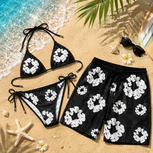 Denim Tears The Cotton Couple Matching Black Floral Bikini & Swim Trunks Set for Beach Vacation, Luxury Couple Matching Swimwear Set, Viral Couple Bikini & Men’s Shorts, Beach Vacation Gift for Him Her