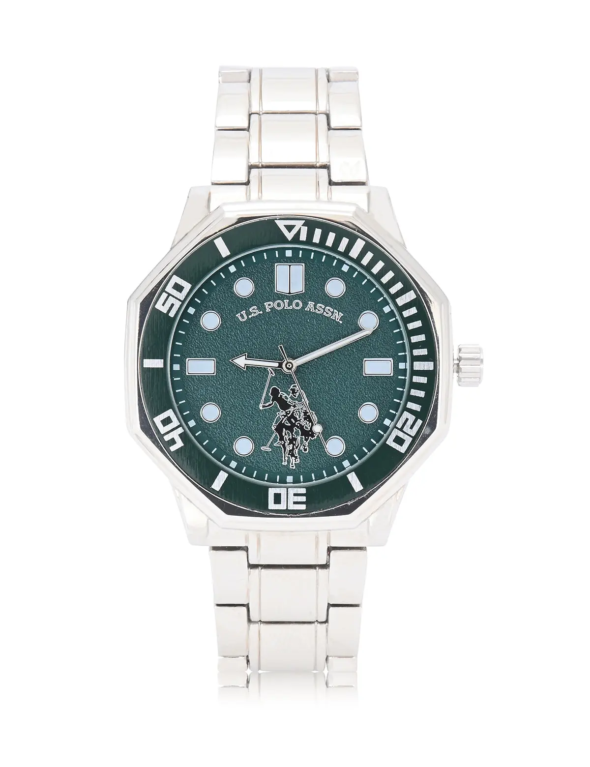 MENS SILVER TONE LINK WATCH WITH GREEN DIAL