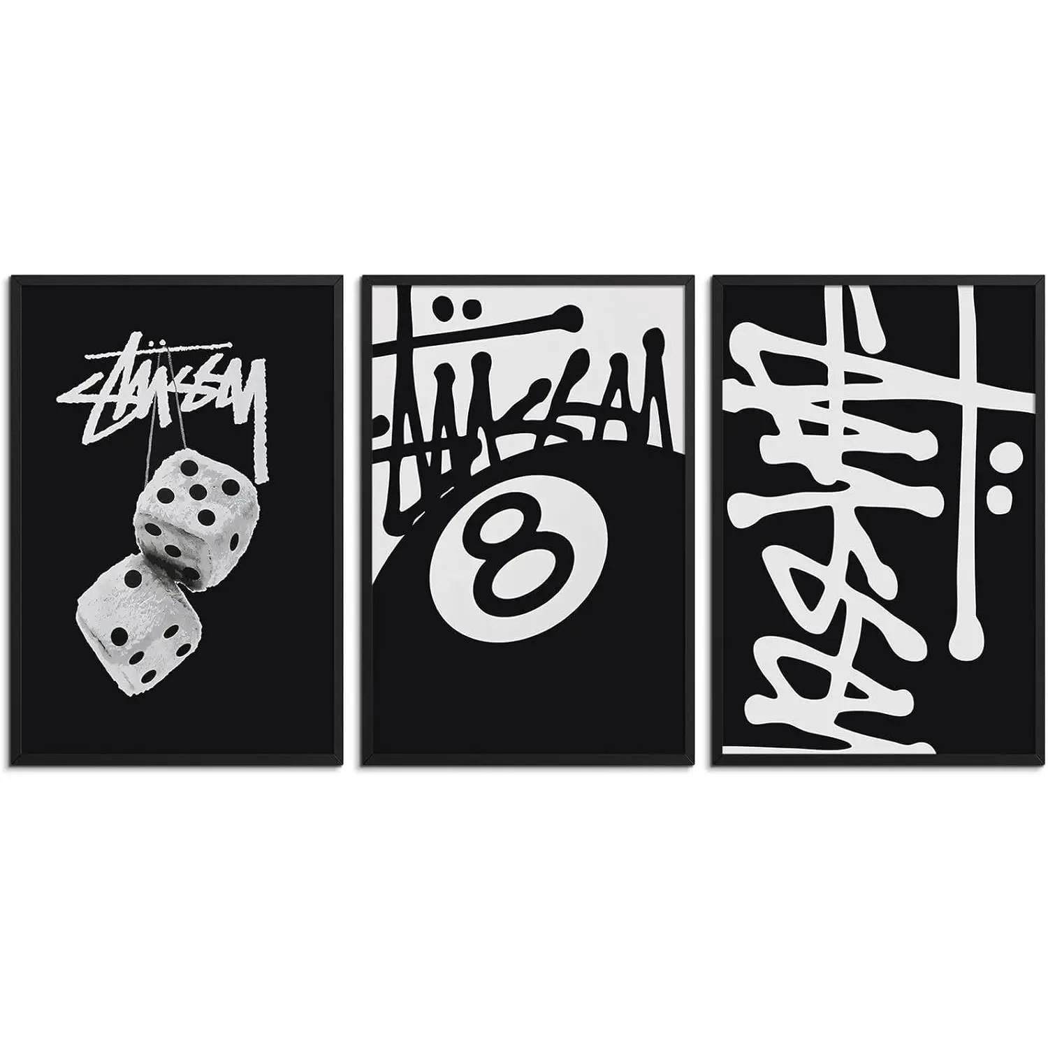 Stussy Inspired Black and White Unframed Canvas Poster Set of 3, Streetwear Aesthetic Dice & 8 Ball Prints, Home Decor for Mothers Day Gift
