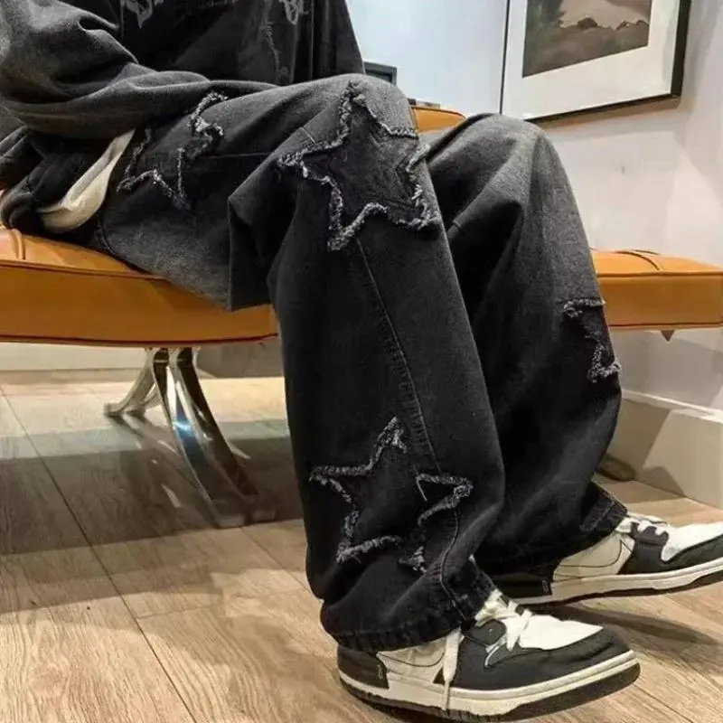 Zhengyu'Shop rockies jeans Stars Patchwork Men Jeans New Fashion Y2K Tassel Pants Korea Clothes Straight Hip Hop Splicing Trousers Male Streetwear Denim Black