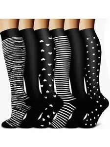 6 pairs of fashionable elasticated long stockings, including striped and floral-patterned knee-length stockings.These are moisture-wicking and breathable sports stockings, suitable for exercise, yoga and daily wear.