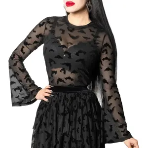 Bat Repeat Mesh Bell Sleeve Top Black Matching