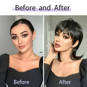 Short Black Mullet Pixie Cut Wig with Bangs - 80s Shaggy Layered curly synthetic Hair Wig Suitable for White Women, Natural Looking Fake Hair Replacement for Daily, Party & Cosplay Costume (Black)