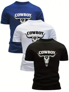 3-Piece Round Neck Short Sleeve T-Shirts, Western Cowboy Casual Wear, Bull Skull Letter Print, Soft Breathable Fabric, Unisex, Classic