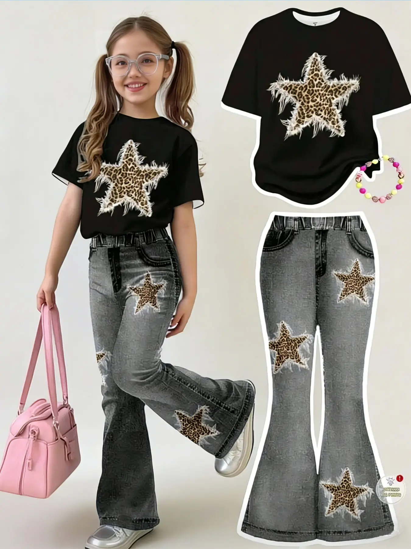 Girls' Fashion Casual Set, Leopard Star Print Bell Bottoms, Comfortable Elastic Waist Pants, Sports Wear, Summer Clothing Set, Ages 4-12