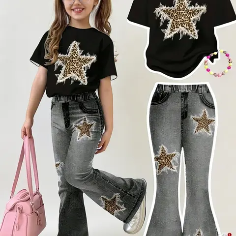 Girls' Fashion Casual 2-Piece Set, Leopard Star Print Bell Bottom Jeans, Elastic Waist, Sports Wear, Summer Outfit, Ages 4-12, Clothes Kids