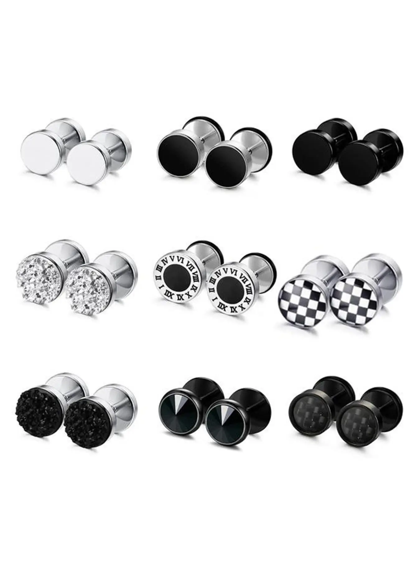 Unisex Fake Ear Expanders Set, Stainless Steel Studs Earrings, Round Ear Plugs, Artificial Ear Expander, Men's Earrings, Men Accessories
