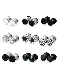 Unisex Fake Ear Expanders Set, Stainless Steel Stud Earrings, Round Ear Plugs, Artificial Ear Expander, Men's Earrings
