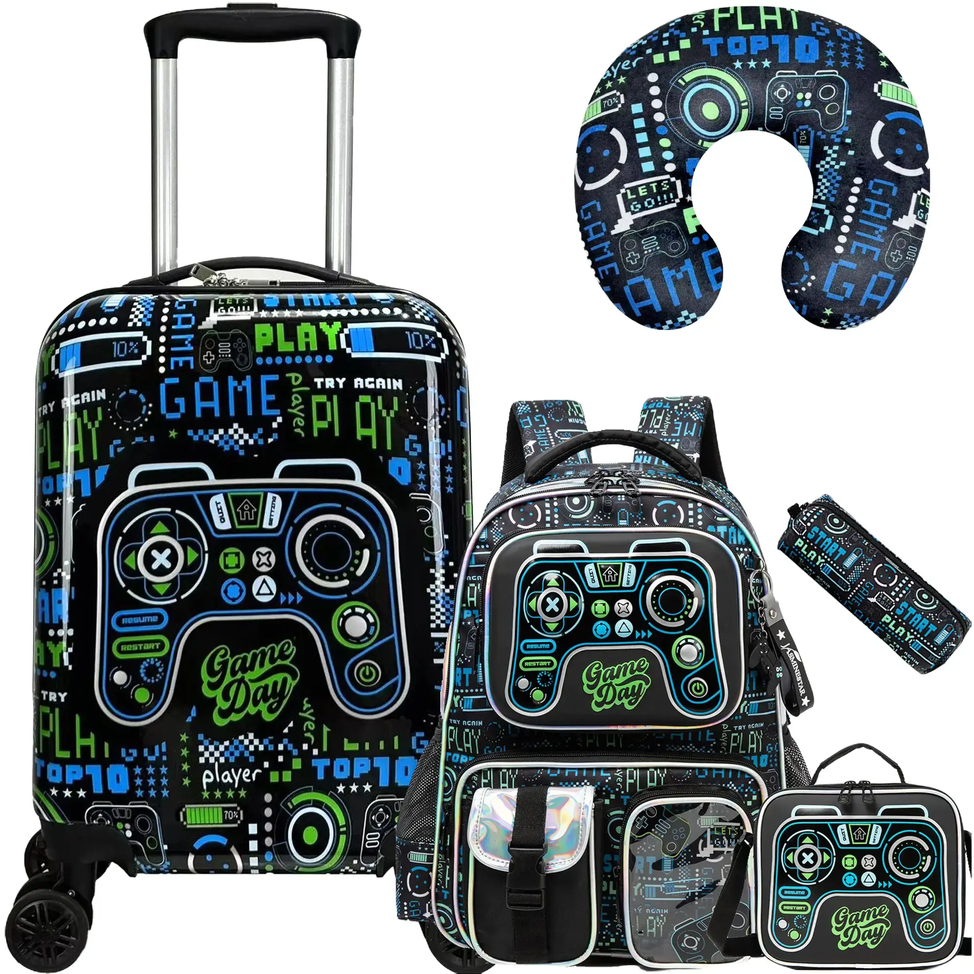 Kids' 5-Piece Rollable Carry-On Luggage Travel Set - Back to School Haul, 3D Graphic Game Controller Print, Backpack, Lunch Bag, Pencil Pouch, Neck Pillow, Shoe Pouch, 360° Wheels, Adjustable Straps, Expandable Size - Birthday Holiday Gift, Luggage Playse