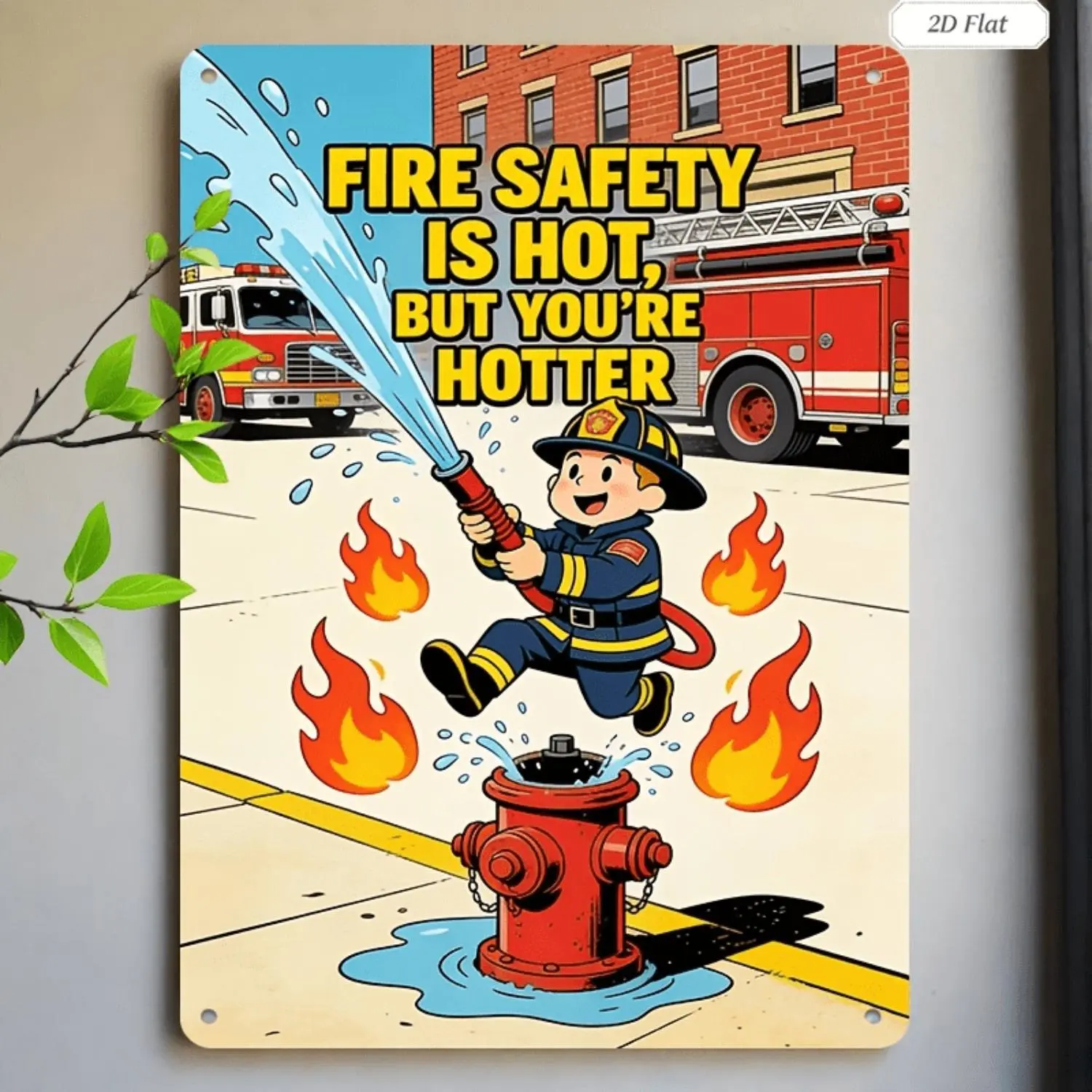 2D Flat, 1pc, Signs Iron Sheet Painting "Iron Artwork Featuring a Firefighter Spraying from a Hydrant with Flames, Perfect for Fire Station, Emergency Room, Or Home Decor"