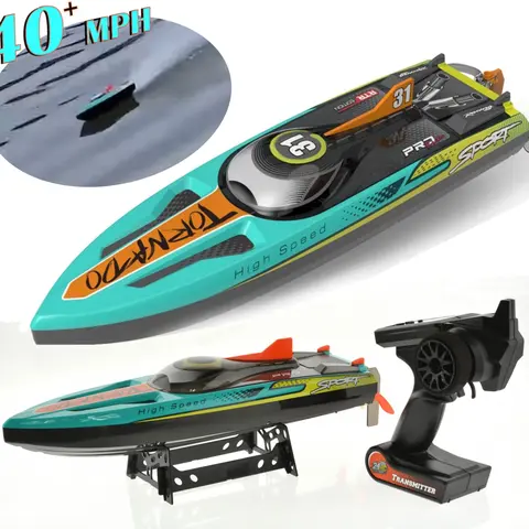 Heng Long Tornado HL3789 Brushless Remote Control Boat for Adults - 40+ Mph Racing Speed Model, 2500KV Motor, 11.1V 3S 1600mAh, Adjustable, Bright LED Lights, Anti-Collision Bumper, 44.5x15.5x17.5cm, 1 Boat Stand Included