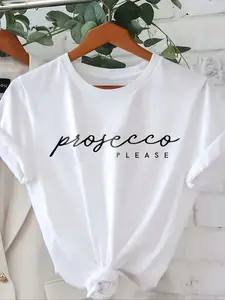Women's Prosecco Please Print Round Neck Tee, Vintage Trendy Casual Short Sleeve T-shirt for Daily Wear, Ladies All Seasons, Top
