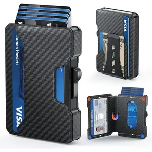 Slim Wallet for Men - Minimalist Mens Wallet with  Clip, Aluminum Pop Up Card Case and Leather Slots Credit Card Holder RFID Blocking Wallet for Men with  Box