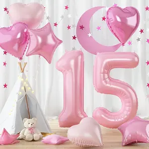 Super sized 15th birthday balloon, light pink number 15 (81.28cm) aluminum foil balloon for birthday party decoration, with pink heart-shaped star balloons and ribbon straws, a total of 10, suitable for women's anniversary decoration