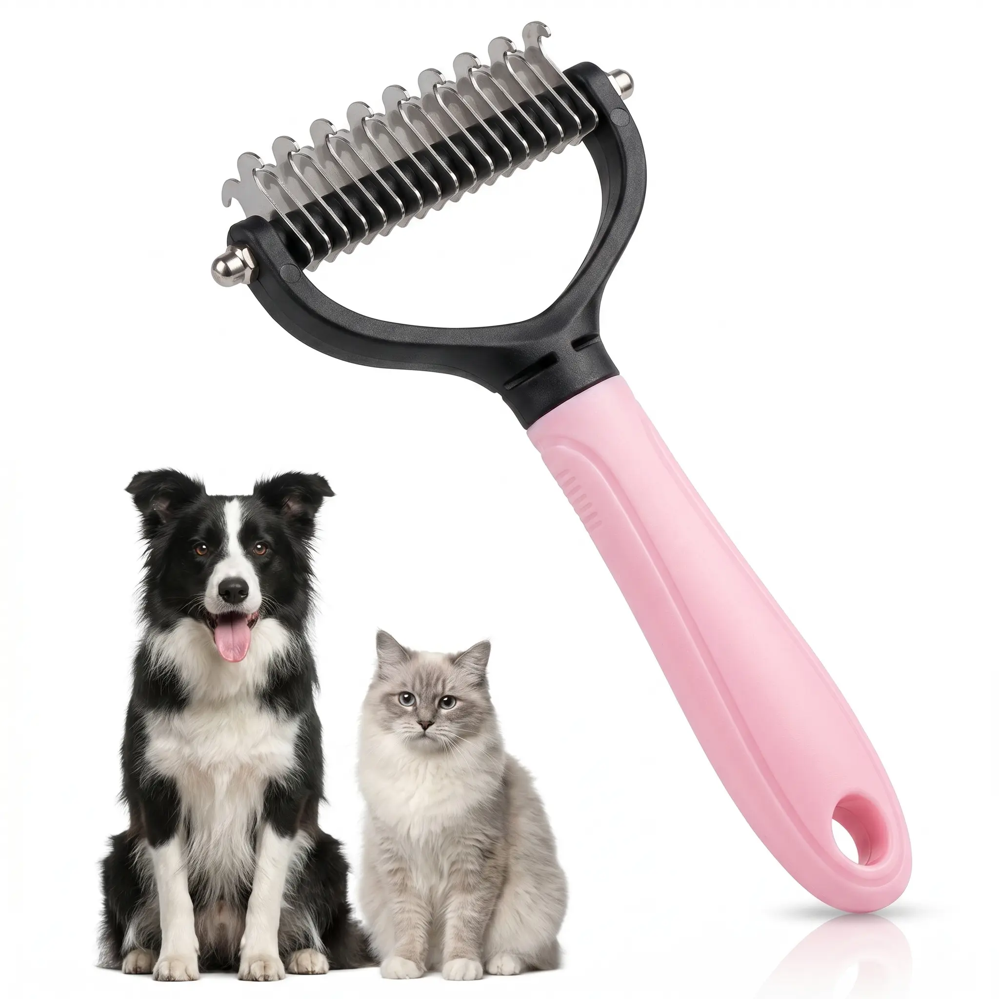Double-Sided Pet Fur Grooming Brush & Comb - Stainless Steel Undercoat Rake, Easy-to-Handle Grooming Goods, Fine-Tooth Side for Dogs/Cats, Daily Coat Care Tool for Removing Loose Hair Mats Tangles, Suitable for All Hair Lengths, Promotes Healthy Fur