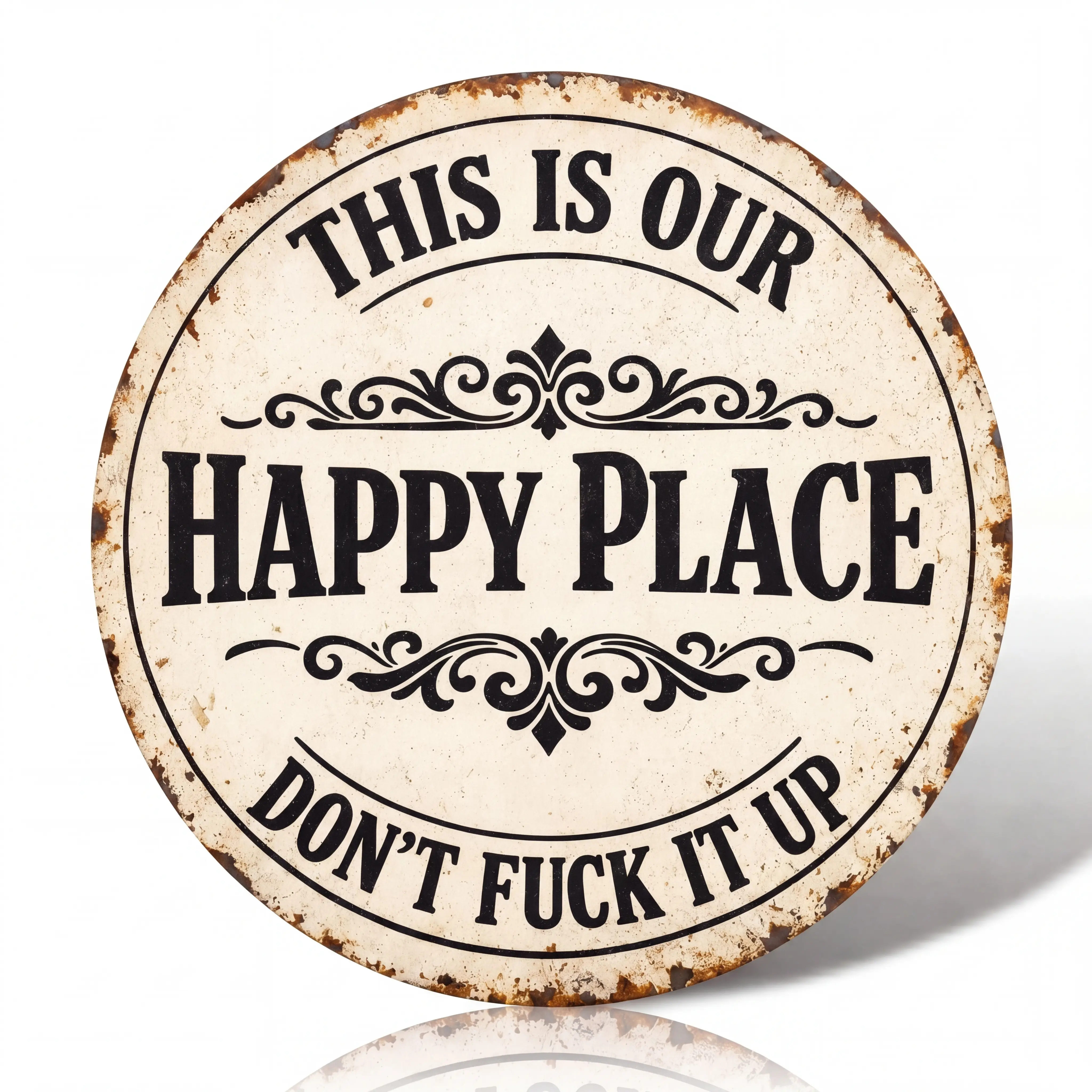 This Is Our Happy Place Sign, Retro Metal Sign, Don't Fuck It Up, Round Metal Sign Wall Decor for Bedroom, Dorm, Home, Private Room