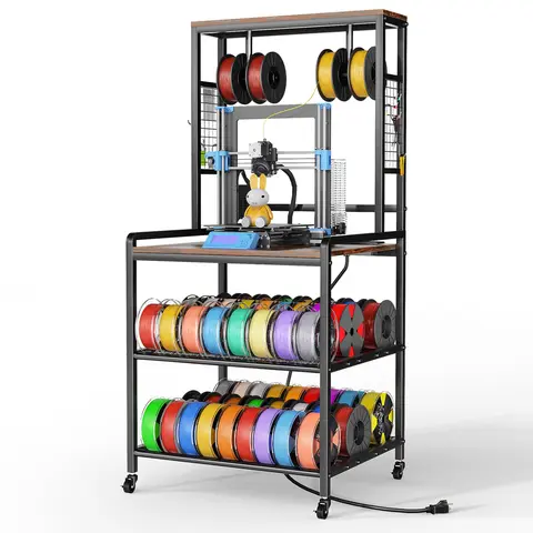 3D Printer Stand Organiser - Durable 3-Layer Rectangle MDF Metal Freestanding Industrial Rolling Unit, Heavy-Duty Adjustable Table with Outlets, Filament Racks, Integrated Charger, Easy Installation for Workshop Commercial Office Furniture
