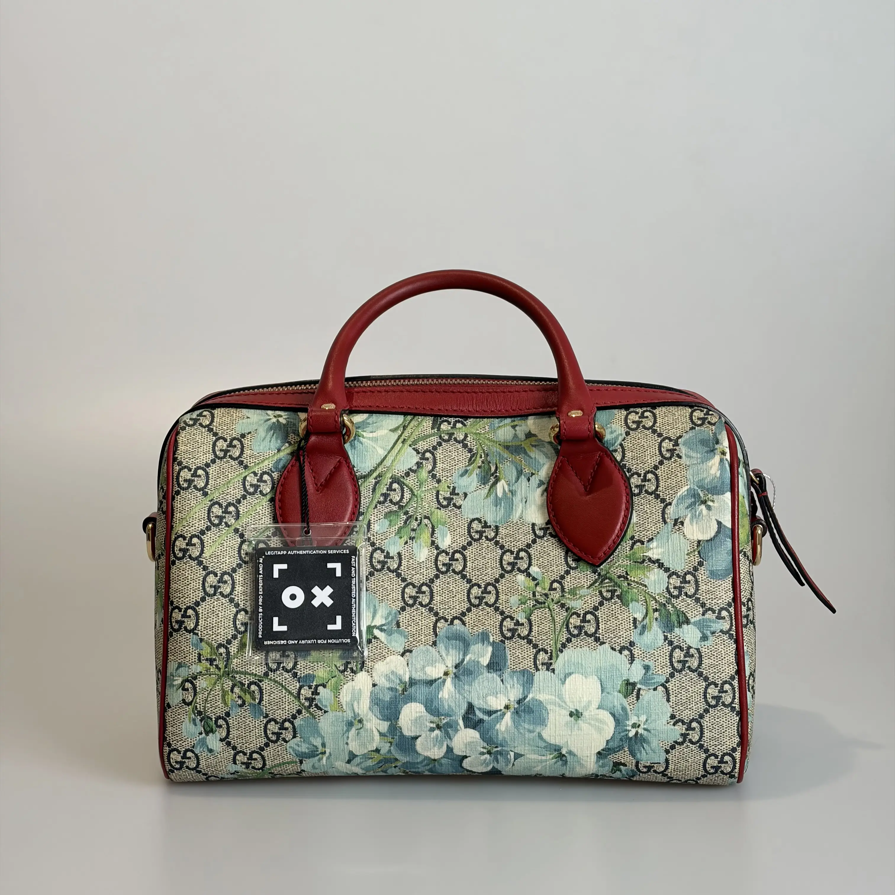 Pre-owned GUCCI Coated Canvas & Calfskin Top Handle Bag Boston Small Blue & Red Monogram & Floral Print 78941185
