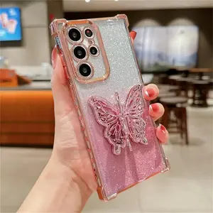 Butterfly Design Phone Case with Holder, Fashion Phone Protective Cover, Phone Accessory Compatible with Samsung Galaxy S21 S22 S23 S24 Ultra, Casing, Smartphone Protector