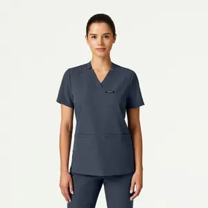 Helia Slim Notched V-Neck Scrub Top - Carbon Gray