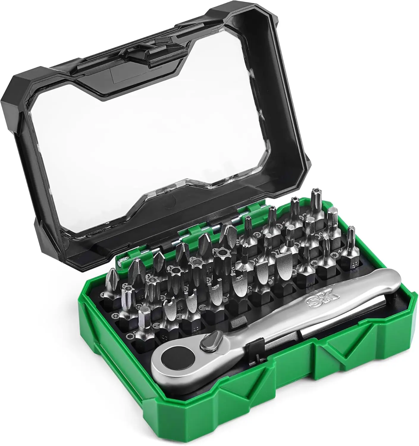 1/4" Drive Mini Ratcheting Screwdriver 32-Piece Bit Set (Chromium Hexavalent Compounds-Free), Heat-Treated S2 Steel, Contoured Grip, 72-Tooth Smooth Operation, Magnetic Holder, Confined Spaces & Automotive Use, #SK03449