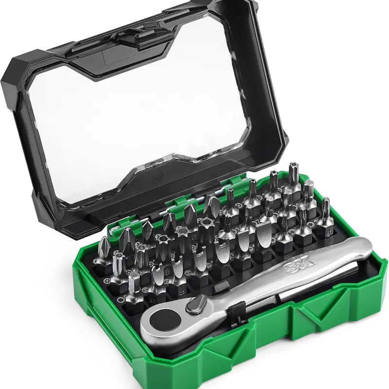1/4" Drive Mini Ratcheting Screwdriver 32-Piece Bit Set (Chromium Hexavalent Compounds-Free), Heat-Treated S2 Steel, Contoured Grip, 72-Tooth Smooth Operation, Magnetic Holder, Confined Spaces & Automotive Use, #SK03449