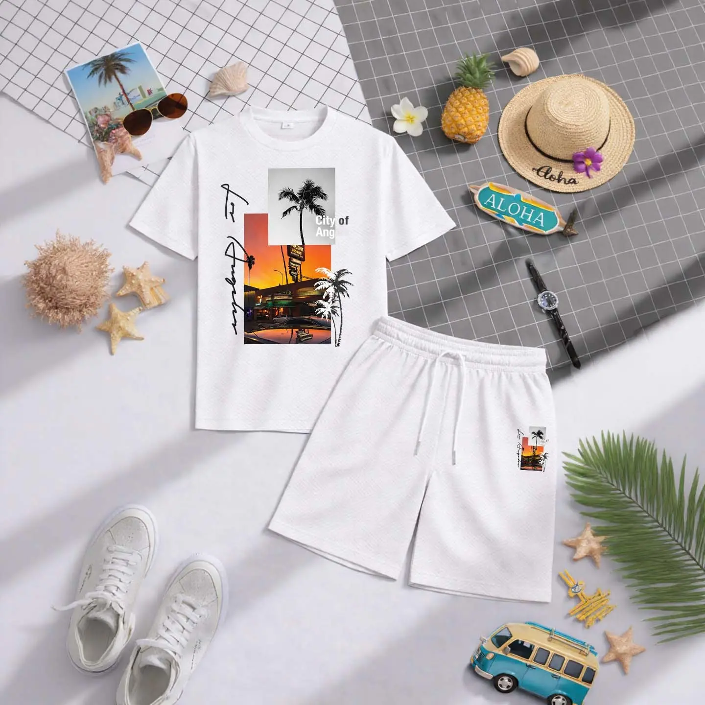 Men's Hawaiian Beach Short-Sleeved T-Shirt And Drawstring Shorts Set, Men's Clothing, Summer Casual Sports Short-Sleeved Top And Shorts, Men's Everyday Wear, Sportswear Set, Casual Summer Clothing.