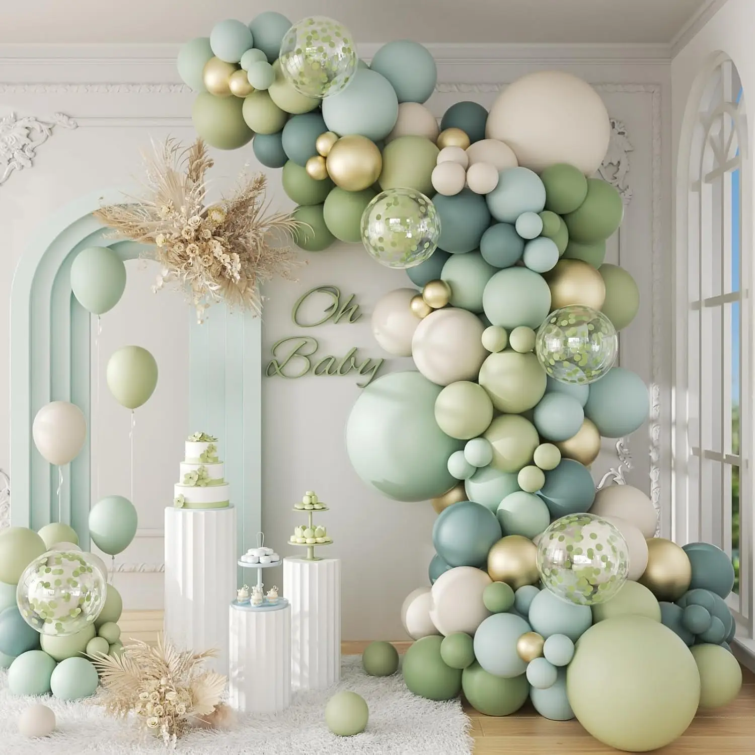 141pcs Sage Green Balloon Arch Kit, Dusty Blue Balloon Arch Kit with Gold White Sand Pastel Green Confetti Balloons