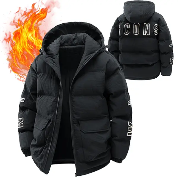 Men’s letter-print hooded puffer jacket, thick warm winter outerwear, zip-up loose fit with contrast stitching, windproof casual top, stylish solid color with pockets, cold-resistant outer layer Long Sleeve