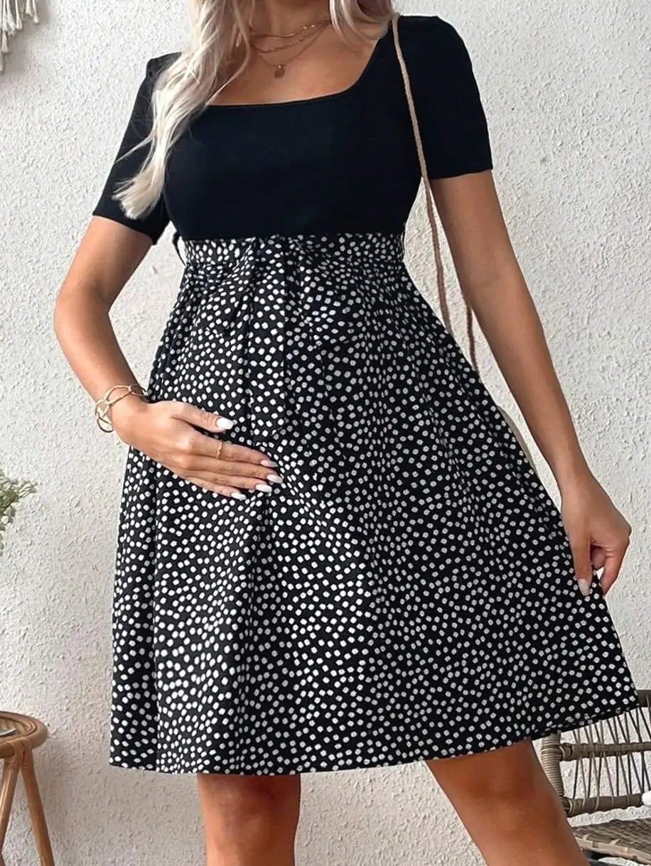 Maternity Floral Print Square Neck Dress - Casual Short Sleeve Vacation Dress for Mom