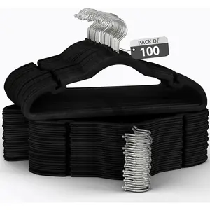100 Pack Velvet Hanger for Shirt Pants Dresses Skirts Suits Jackets - Slim Space Saving Design - Standard Coat Hanger - Sturdy & Durable Design with Shoulder Grooves Hook - Black