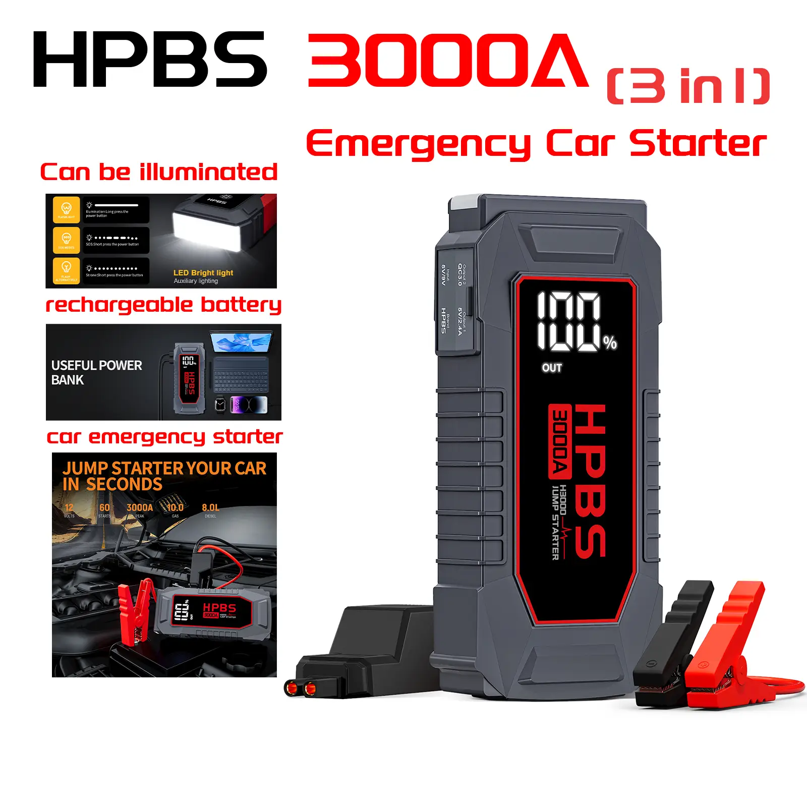 HPBS battery jump pack 24000mAh Portable Jump Starter with LED Light - 3000A Peak Current Auto Jump Starter for Winter Emergencies honeywell