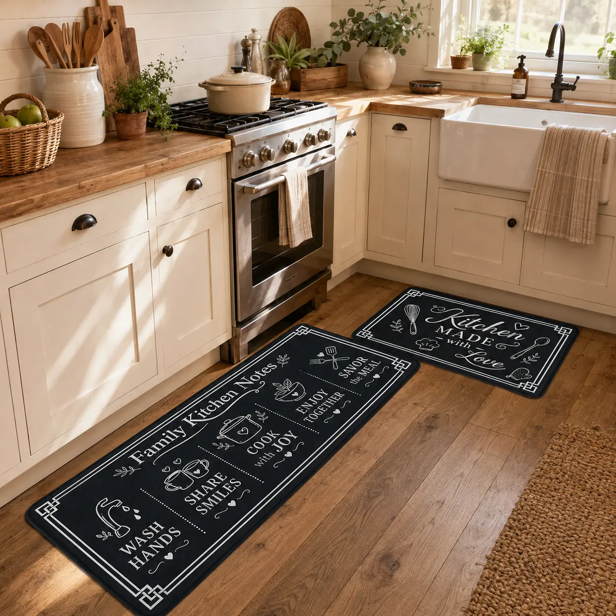 Black and White Kitchen Rugs,Non Skid Washable Microfiber mats for Kitchen Floor,Kitchen Rules Theme Cushioned Runner Rug Decor Sets of 2,Size 17"x 47"+16"x 24"