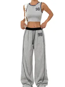 Y2K Contrast Color Digit Letter Print Slim Tee + Retro Numeric Waistband Patchwork Loose Sweatpants Women's Sports Streetwear Set | Back To School Graduation Teacher Outfits